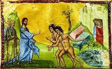 Исцеление бесноватых. Миниатюра из Четвероевангелия. Кон. XIII в.