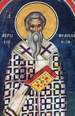 Свт. Амвросий Медиоланский. Фреска (автор Зорзис Фука, 1547) в монастыре Дионисиат, Афон